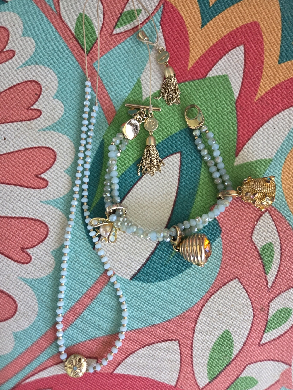 Spartina 449 Charm Bead Bracelet and Necklace Set in Seafoam Blue and Gold